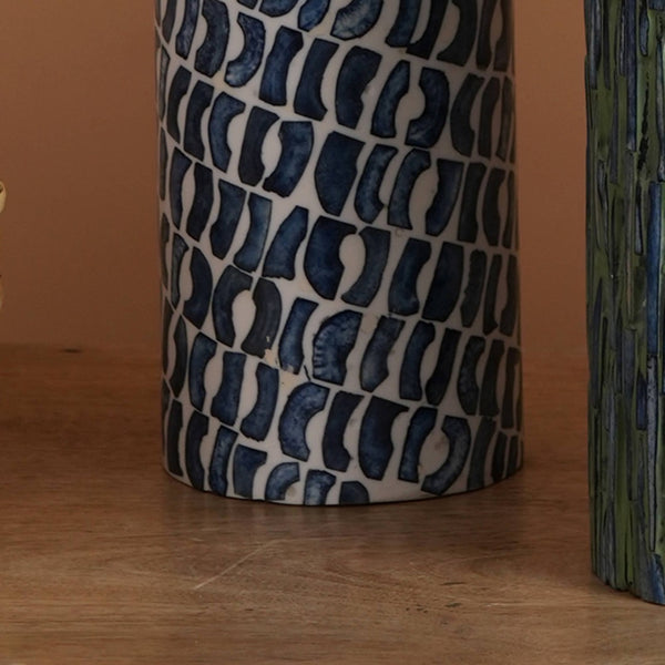 English Elm Elegant Blue Bone Artisan Candle Stand with Resin Inlay and Metallic Silver Top B346P392361