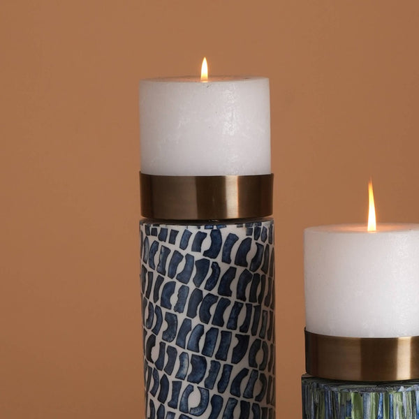 English Elm Elegant Blue Bone Artisan Candle Stand with Resin Inlay and Metallic Silver Top B346P392361