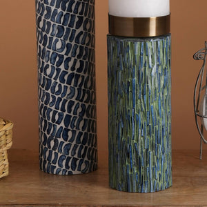 English Elm Elegant Blue Bone Artisan Candle Stand with Resin Inlay and Metallic Silver Top B346P392361