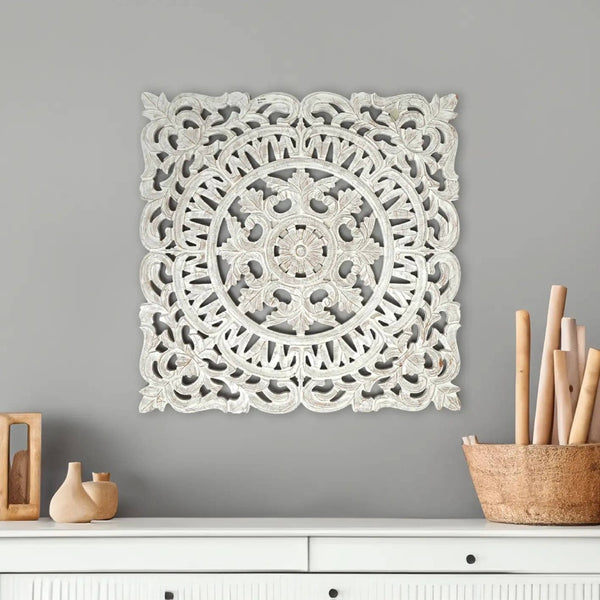 English Elm White Handcrafted Wooden Wall Panel Artisan Square Accent for Living Room or Bedroom B346P392396