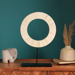 English Elm Baywood Bone Inlay Circular Sculpture Ivory Ring on Iron Rod Minimalist Decor B346P400478