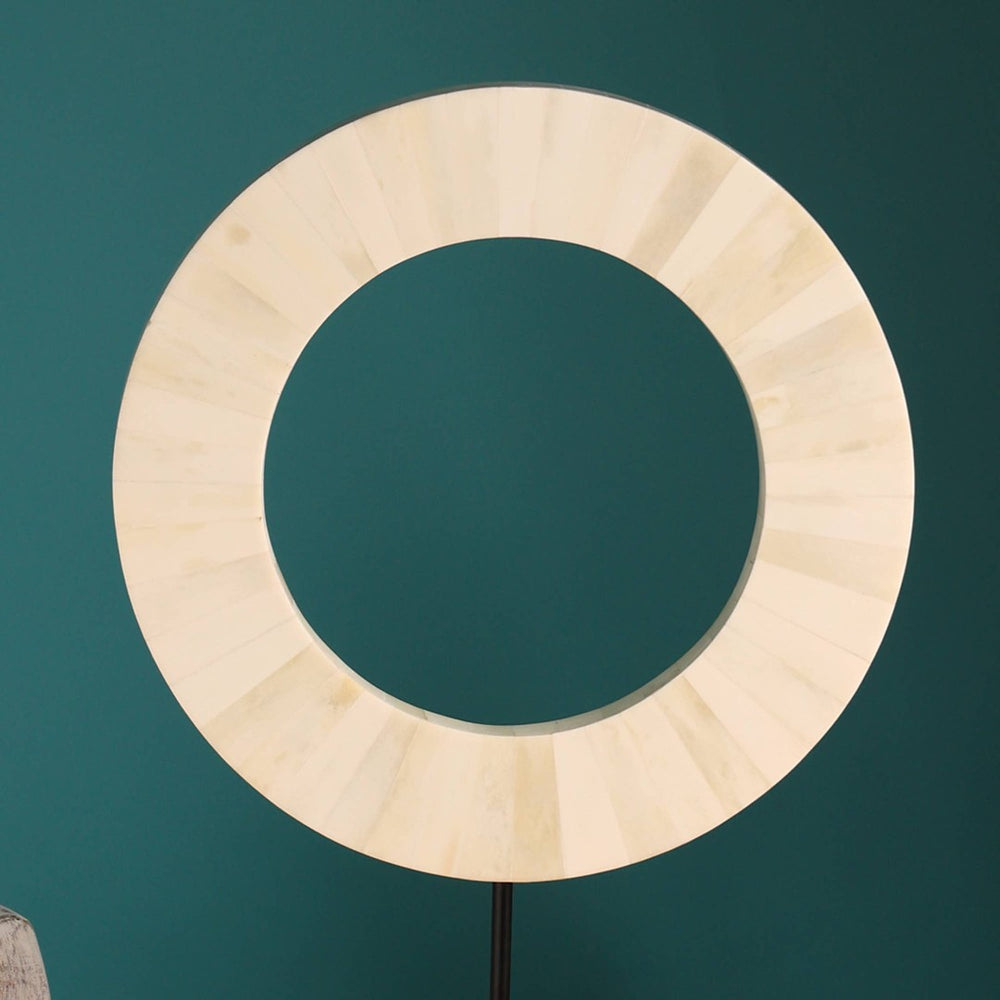 English Elm Baywood Bone Inlay Circular Sculpture Ivory Ring on Iron Rod Minimalist Decor B346P400478