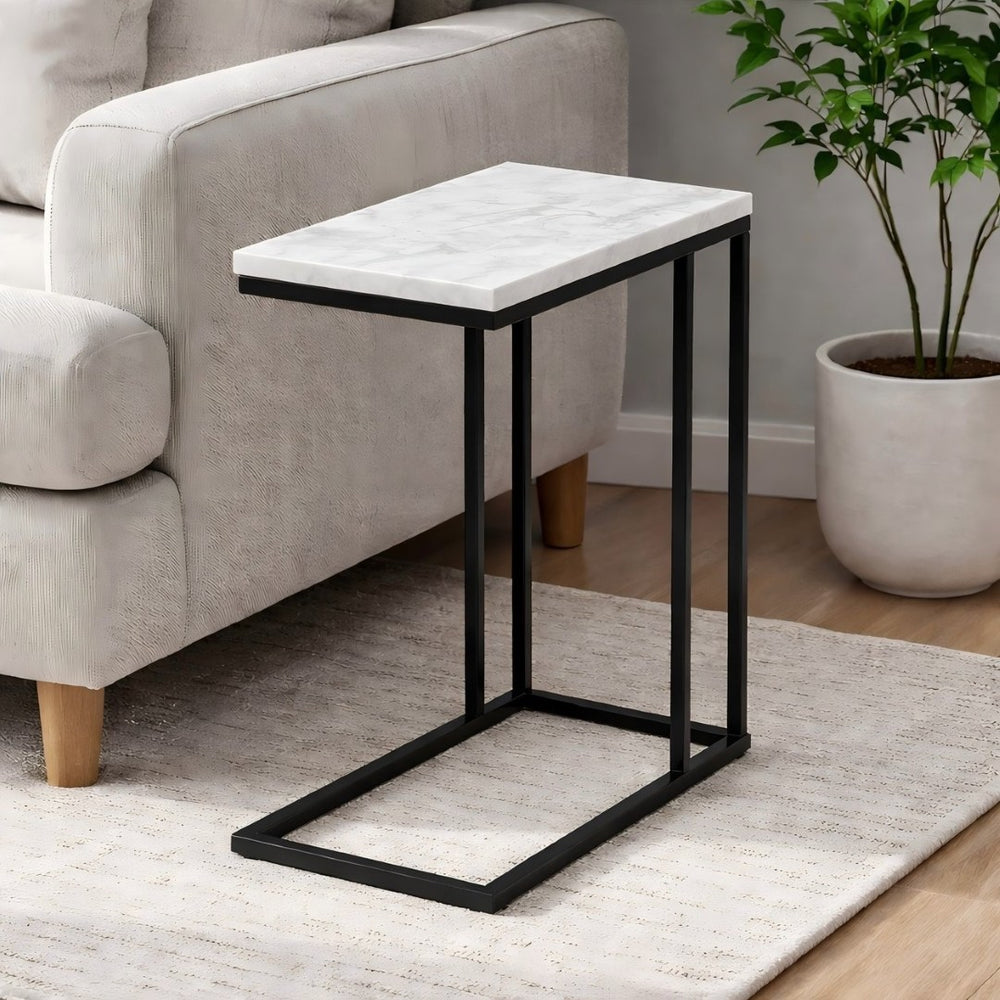 English Elm C Shaped Sofa Side Table White Marble Top Matte Black Metal Frame Living Room B346P515496