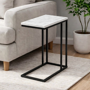 English Elm C Shaped Sofa Side Table White Marble Top Matte Black Metal Frame Living Room B346P515496