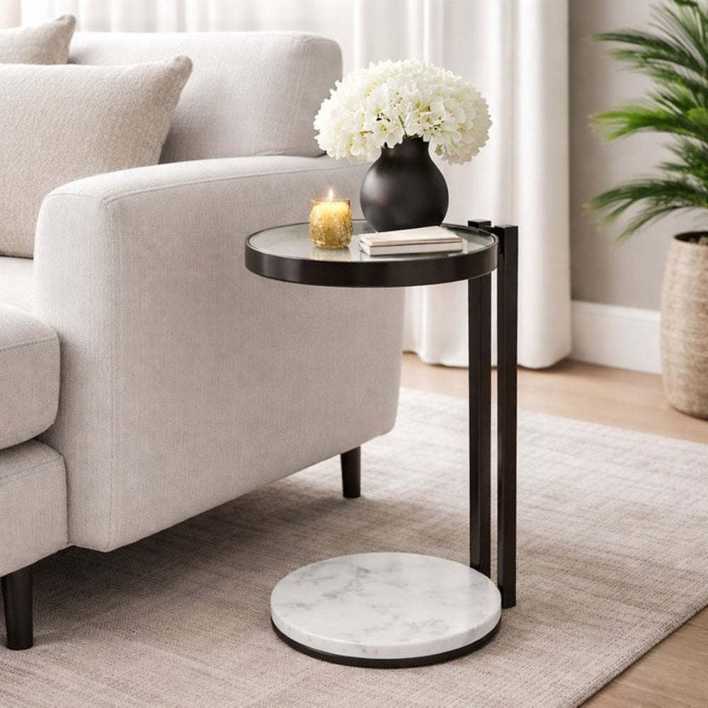 English Elm Black Metal Drink Table with Glass Top and Marble Base for Modern Living Spaces B346P515497