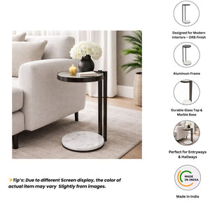 English Elm Black Metal Drink Table with Glass Top and Marble Base for Modern Living Spaces B346P515497