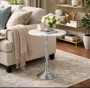 English Elm Silver Aluminum Marble Top Drink Table Slim Modern Accent for Living Room or Bedroom B346P515498