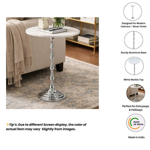 English Elm Silver Aluminum Marble Top Drink Table Slim Modern Accent for Living Room or Bedroom B346P515498