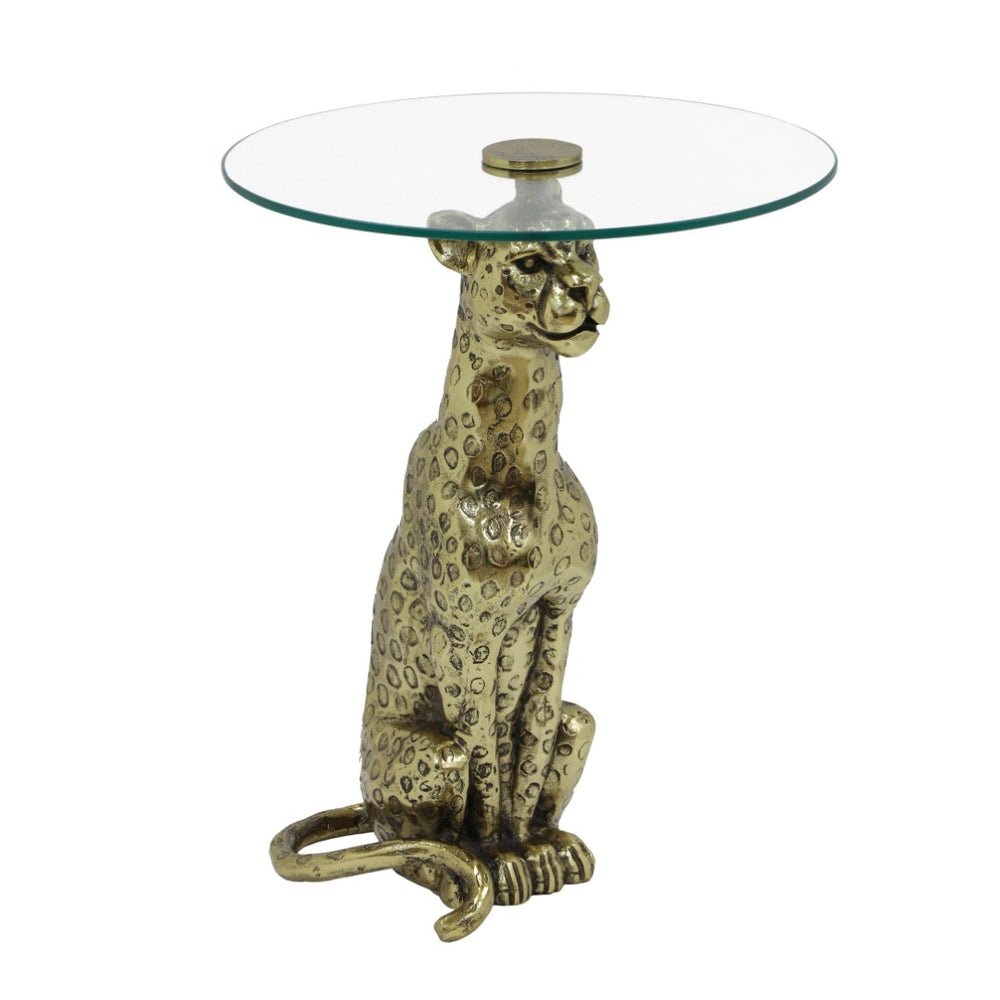 English Elm Leopard Sculptural Gold Cast Aluminum End Table with Clear Glass Top for Living Room B346P515500