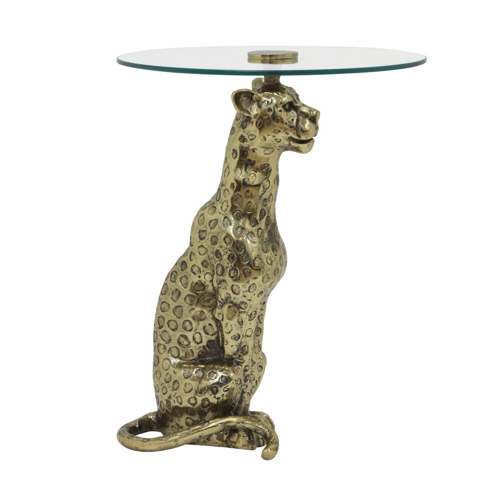 English Elm Leopard Sculptural Gold Cast Aluminum End Table with Clear Glass Top for Living Room B346P515500