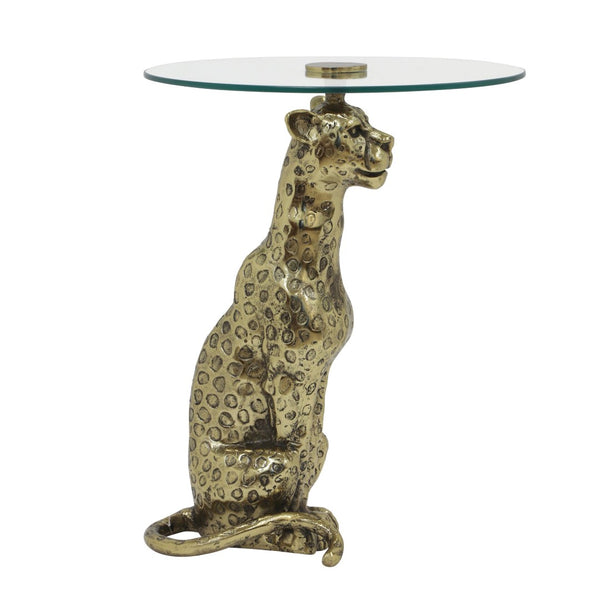 English Elm Leopard Sculptural Gold Cast Aluminum End Table with Clear Glass Top for Living Room B346P515500