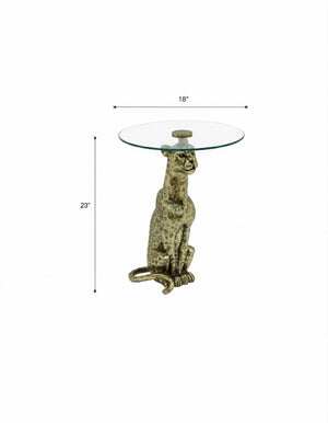 English Elm Leopard Sculptural Gold Cast Aluminum End Table with Clear Glass Top for Living Room B346P515500