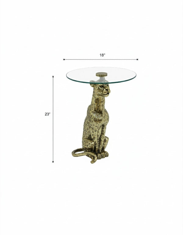 English Elm Leopard Sculptural Gold Cast Aluminum End Table with Clear Glass Top for Living Room B346P515500