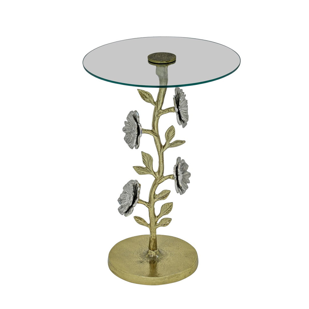 English Elm Flower Sculptural Gold Aluminum Side Table with Tempered Glass Top for Glam Living Rooms B346P515501
