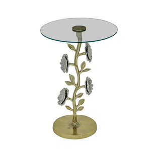 English Elm Flower Sculptural Gold Aluminum Side Table with Tempered Glass Top for Glam Living Rooms B346P515501