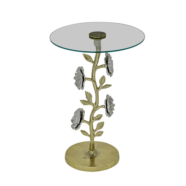 English Elm Flower Sculptural Gold Aluminum Side Table with Tempered Glass Top for Glam Living Rooms B346P515501