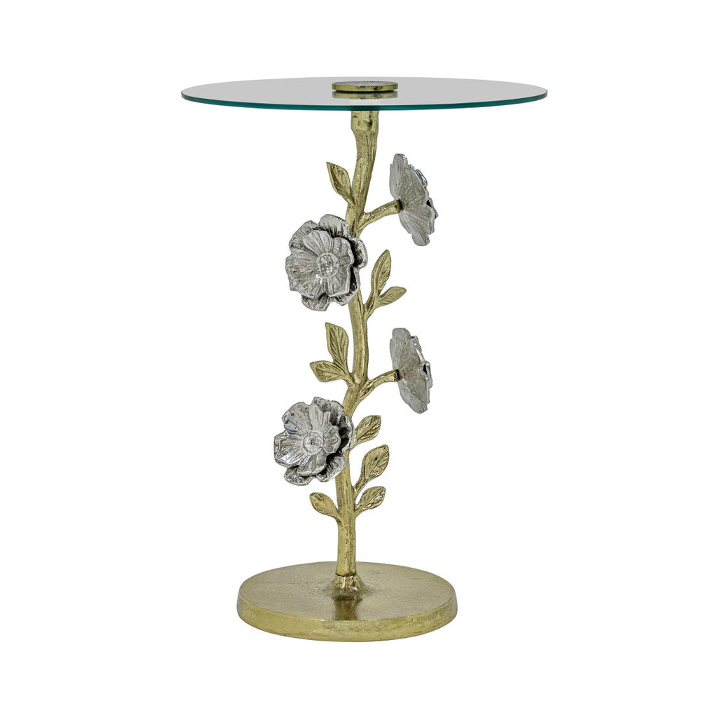 English Elm Flower Sculptural Gold Aluminum Side Table with Tempered Glass Top for Glam Living Rooms B346P515501