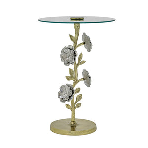 English Elm Flower Sculptural Gold Aluminum Side Table with Tempered Glass Top for Glam Living Rooms B346P515501