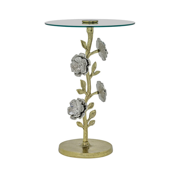 English Elm Flower Sculptural Gold Aluminum Side Table with Tempered Glass Top for Glam Living Rooms B346P515501