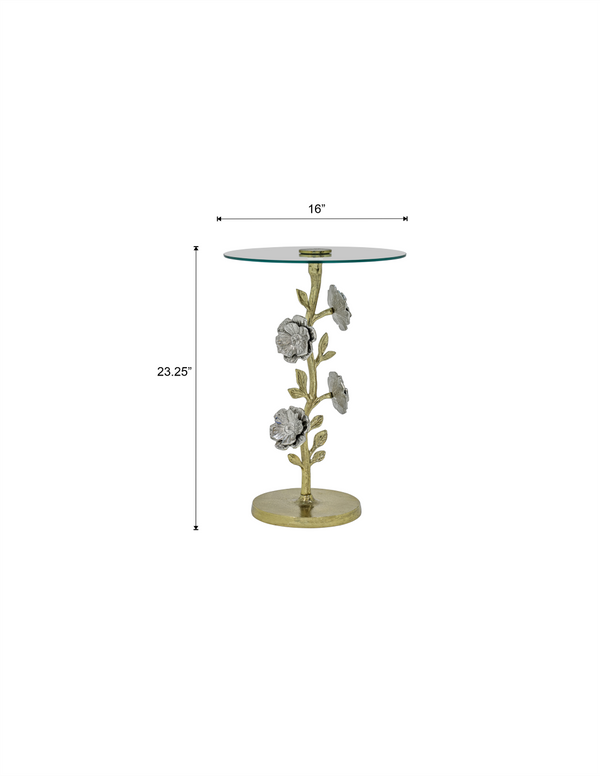 English Elm Flower Sculptural Gold Aluminum Side Table with Tempered Glass Top for Glam Living Rooms B346P515501