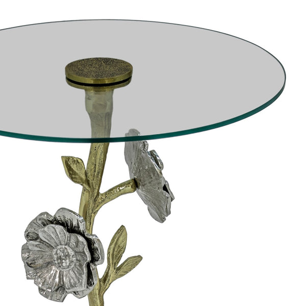 English Elm Flower Sculptural Gold Aluminum Side Table with Tempered Glass Top for Glam Living Rooms B346P515501