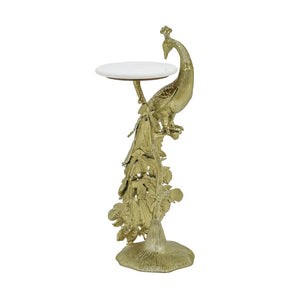 English Elm Peacock Sculptural Cast Aluminum Side Table with White Marble Top for Glam Living Spaces Gold B346P515502