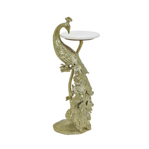English Elm Peacock Sculptural Cast Aluminum Side Table with White Marble Top for Glam Living Spaces Gold B346P515502