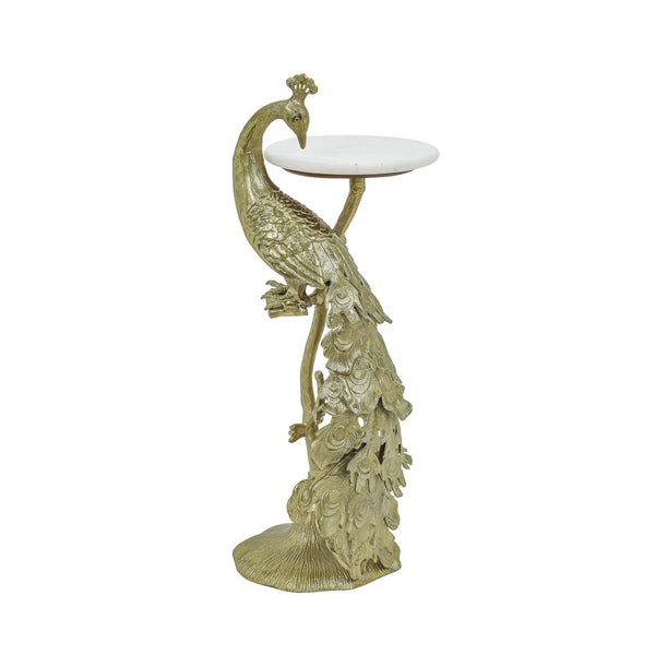 English Elm Peacock Sculptural Cast Aluminum Side Table with White Marble Top for Glam Living Spaces Gold B346P515502