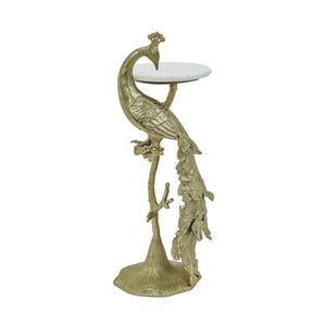 English Elm Peacock Sculptural Cast Aluminum Side Table with White Marble Top for Glam Living Spaces Gold B346P515502
