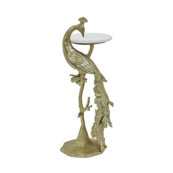 English Elm Peacock Sculptural Cast Aluminum Side Table with White Marble Top for Glam Living Spaces Gold B346P515502