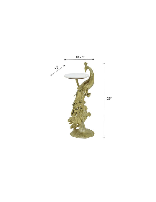 English Elm Peacock Sculptural Cast Aluminum Side Table with White Marble Top for Glam Living Spaces Gold B346P515502