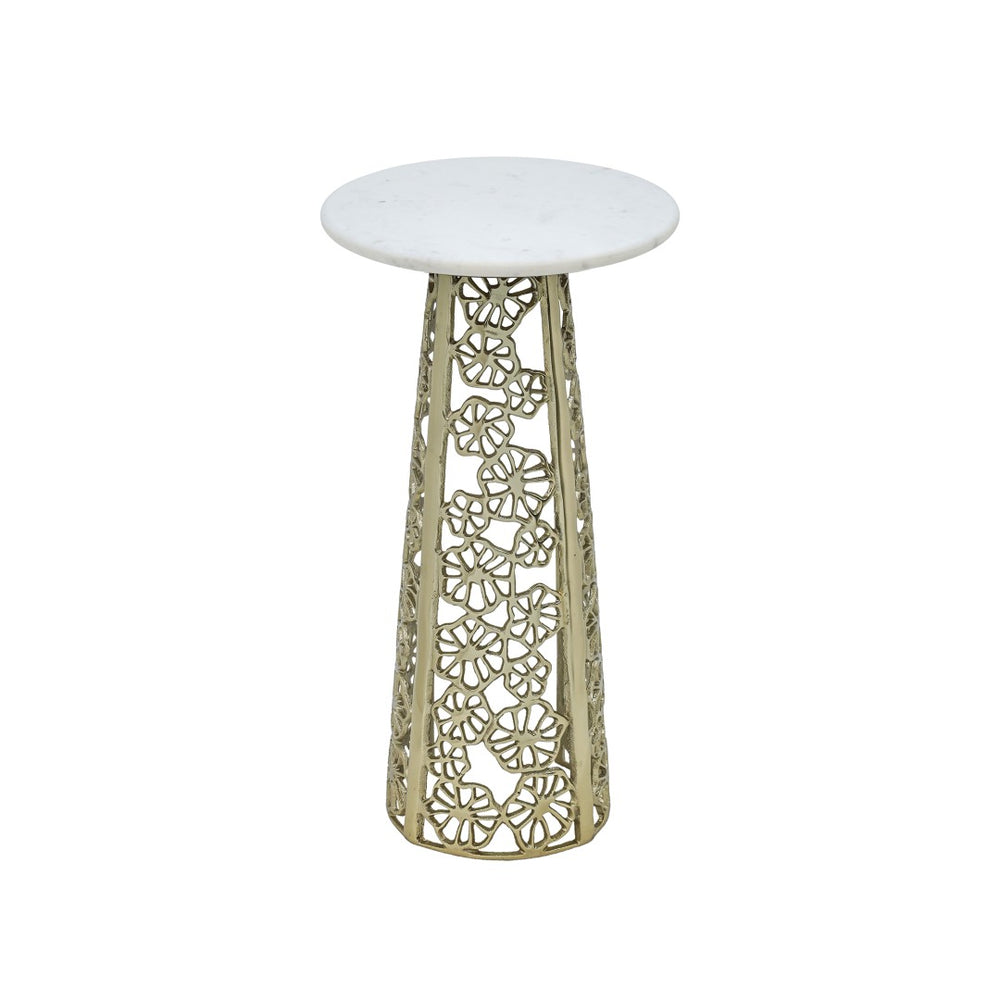 English Elm Gold Aluminum Cut-out Base Side Table with Genuine Marble Top for Glam Living Rooms B346P515504