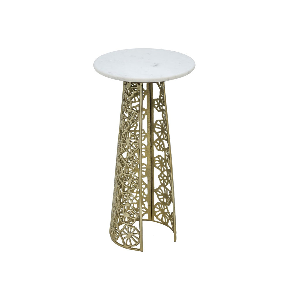 English Elm Gold Aluminum Cut-out Base Side Table with Genuine Marble Top for Glam Living Rooms B346P515504