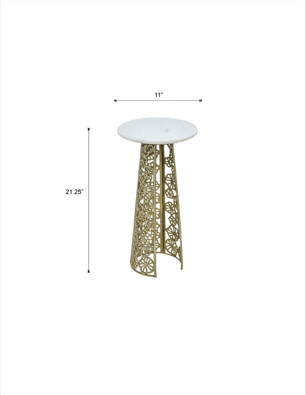 English Elm Gold Aluminum Cut-out Base Side Table with Genuine Marble Top for Glam Living Rooms B346P515504