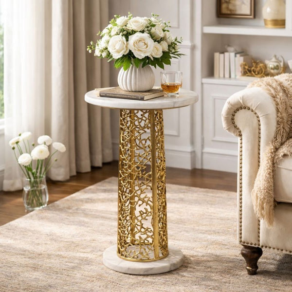English Elm Gold Aluminum Cut-out Base Side Table with Genuine Marble Top for Glam Living Rooms B346P515504