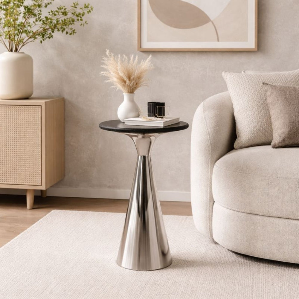 English Elm Silver Pedestal End Table with Polished Black Marble Top for Modern Living Spaces B346P515505