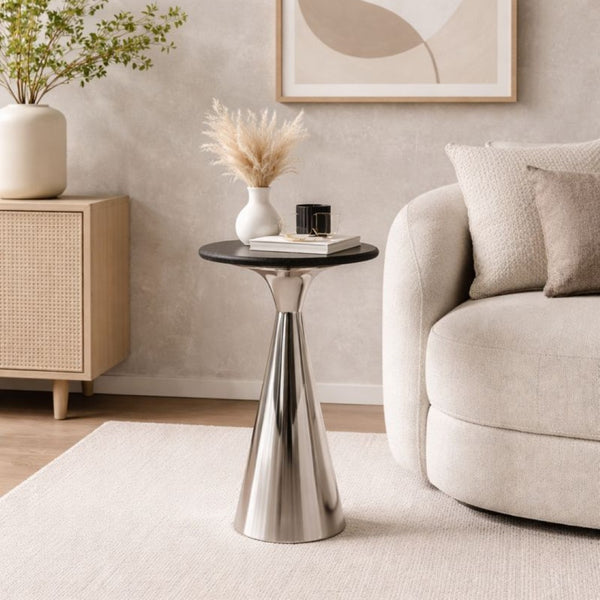 English Elm Silver Pedestal End Table with Polished Black Marble Top for Modern Living Spaces B346P515505