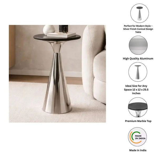 English Elm Silver Pedestal End Table with Polished Black Marble Top for Modern Living Spaces B346P515505