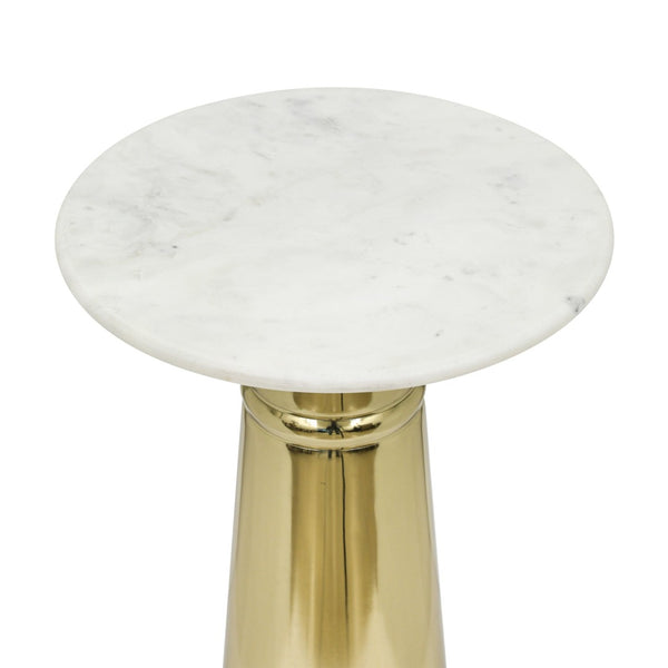 English Elm Gold Pedestal Accent Table with Genuine Marble Top for Modern Living Room Decor B346P515506