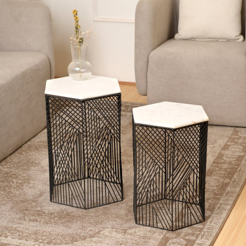 English Elm Nested Hexagonal Marble Top Side Tables Set with Black Wire Base for Modern Interiors B346P515507