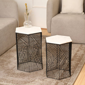 English Elm Nested Hexagonal Marble Top Side Tables Set with Black Wire Base for Modern Interiors B346P515507