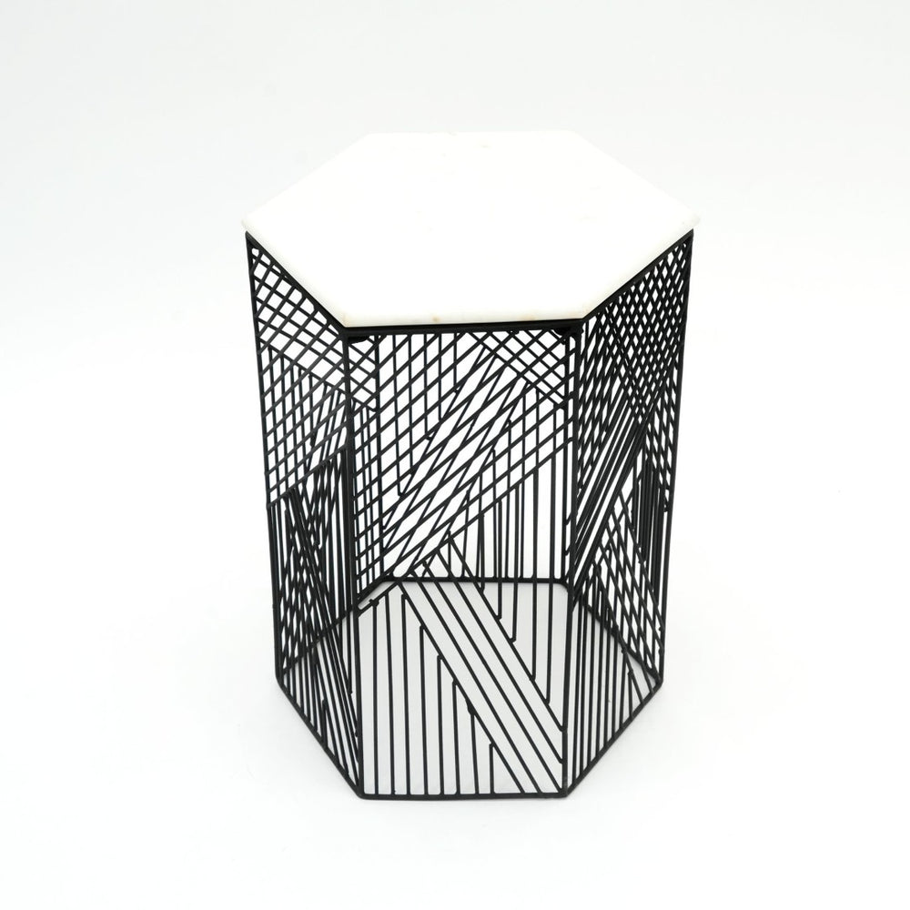 English Elm Nested Hexagonal Marble Top Side Tables Set with Black Wire Base for Modern Interiors B346P515507