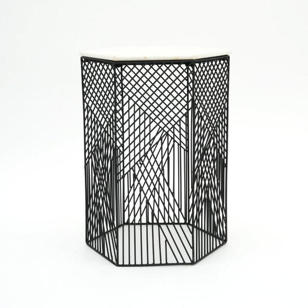 English Elm Nested Hexagonal Marble Top Side Tables Set with Black Wire Base for Modern Interiors B346P515507