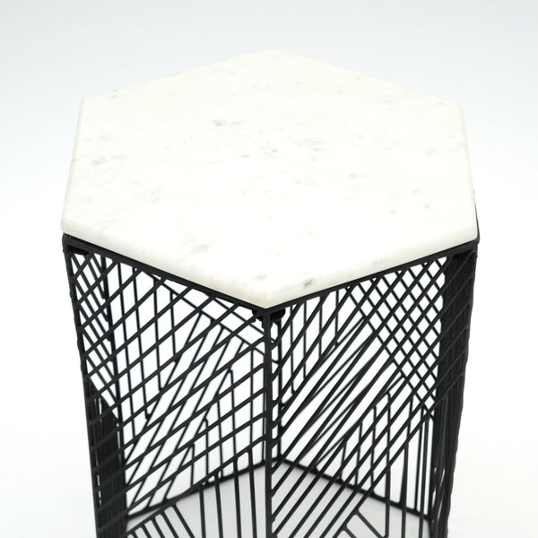 English Elm Nested Hexagonal Marble Top Side Tables Set with Black Wire Base for Modern Interiors B346P515507