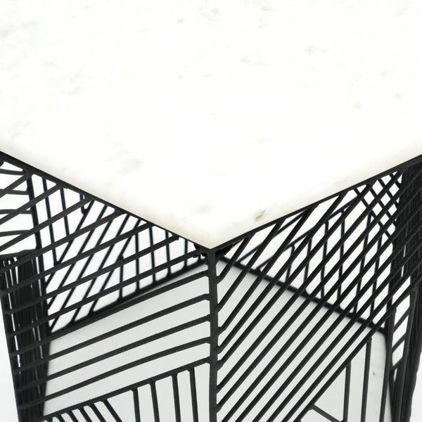 English Elm Nested Hexagonal Marble Top Side Tables Set with Black Wire Base for Modern Interiors B346P515507