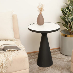 English Elm End Table Round White Marble Top Matte Black Conical Metal Base Modern Accent B346P515508