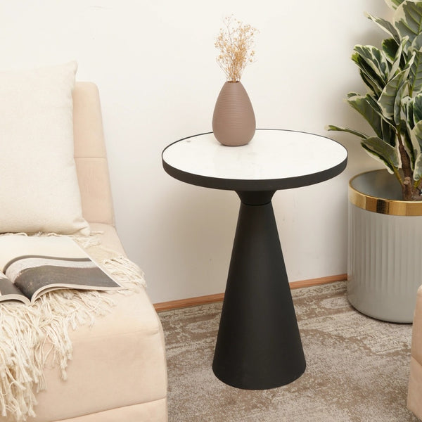 English Elm End Table Round White Marble Top Matte Black Conical Metal Base Modern Accent B346P515508