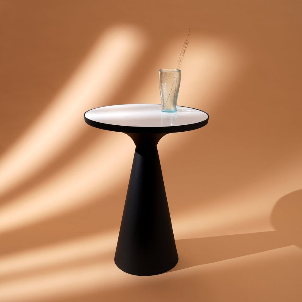 English Elm End Table Round White Marble Top Matte Black Conical Metal Base Modern Accent B346P515508
