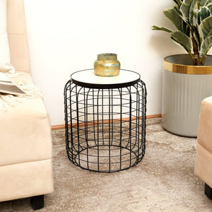 English Elm Marble Look Round Side Table with Geometric Cage Base for Modern Living Spaces B346P515509