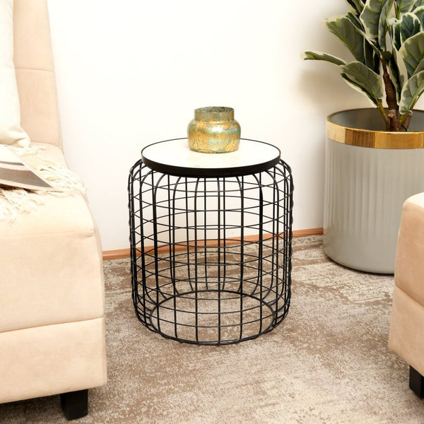 English Elm Marble Look Round Side Table with Geometric Cage Base for Modern Living Spaces B346P515509